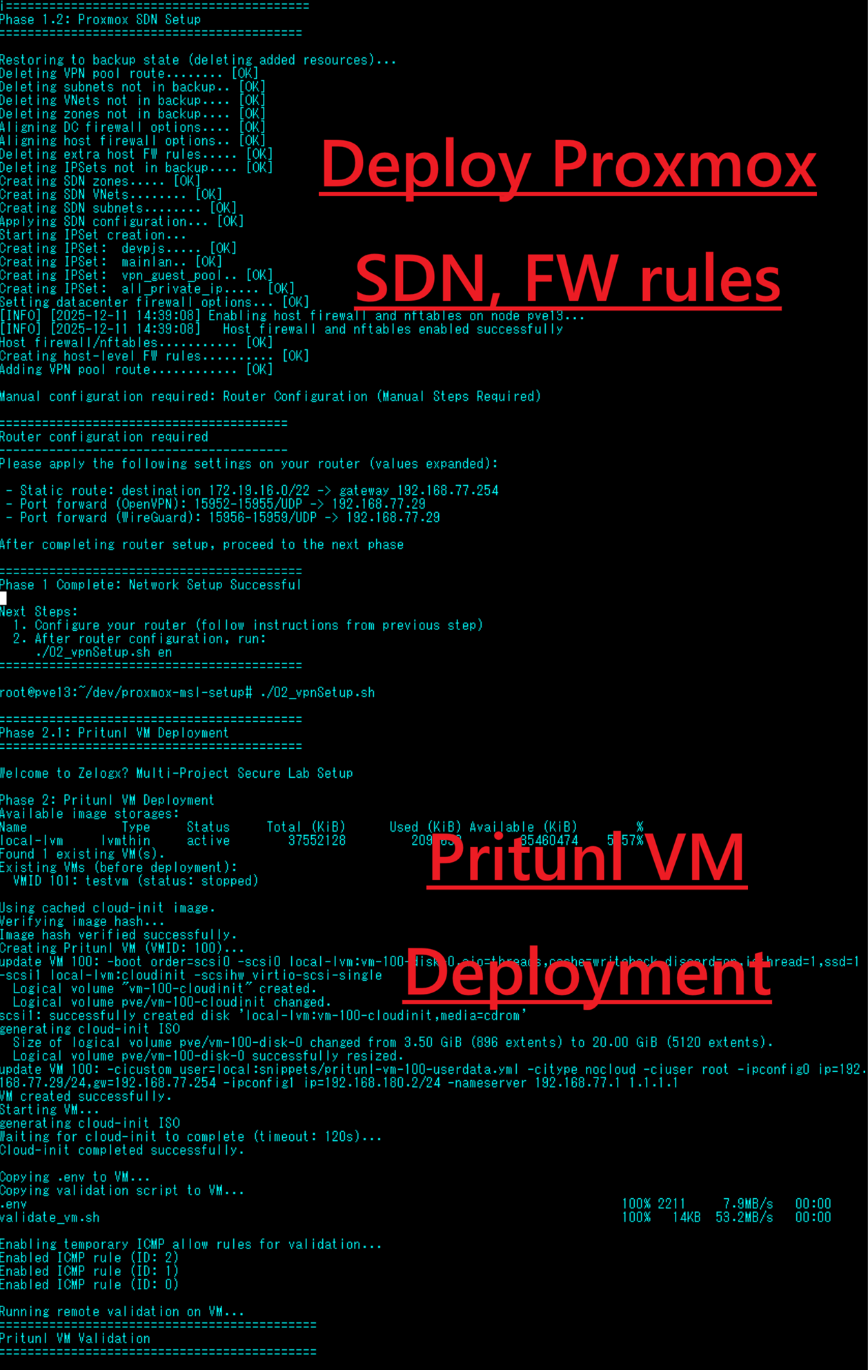 Proxmox SDN設定、ファイアウォールルール、Pritunl VPN仮想マシンをデプロイするMSL Setupのターミナルスクリーンショット。