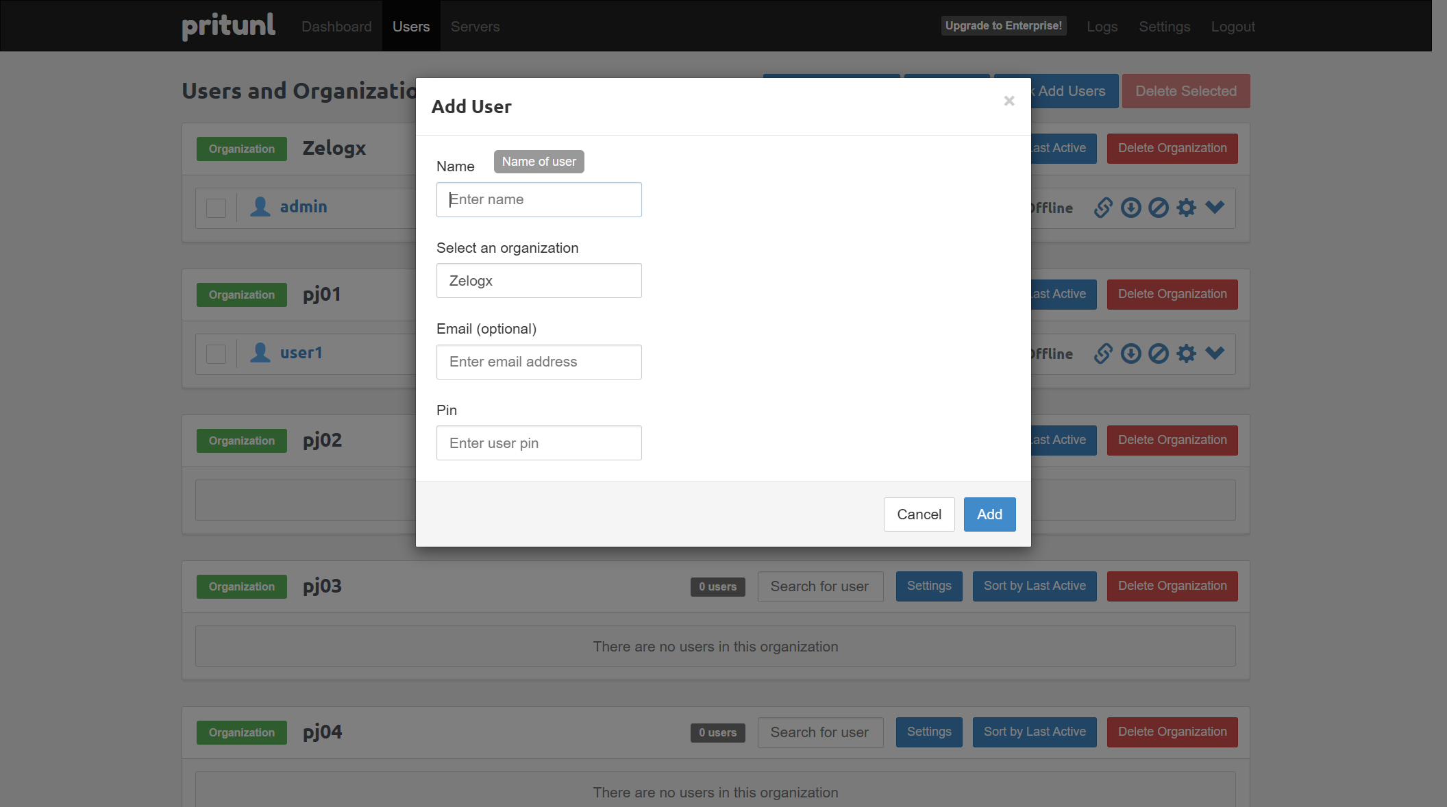 新しいVPNユーザーアカウントを追加し、選択した組織に割り当てるためのPritunlダイアログ。