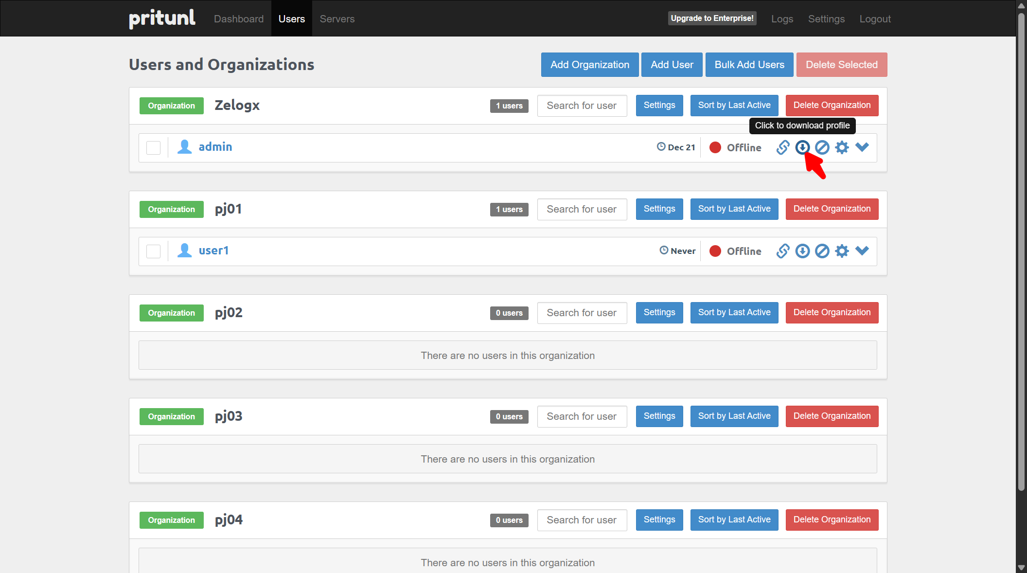 ユーザーのVPNクライアントプロファイルをダウンロードするボタン。