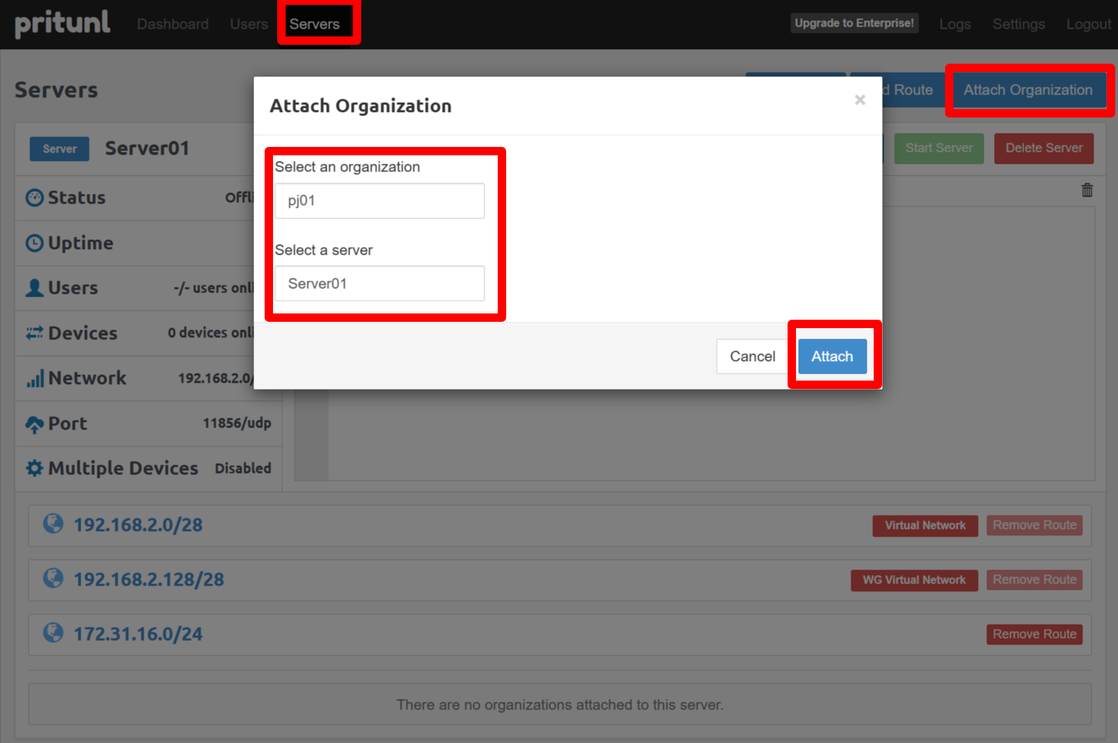 Attach organization to server